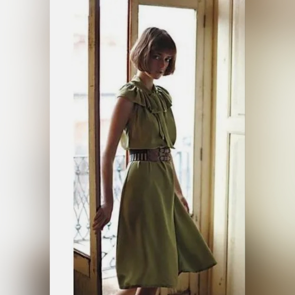 Anthropologie Olive Green Ruffled Tie-Neck Midi Dress
